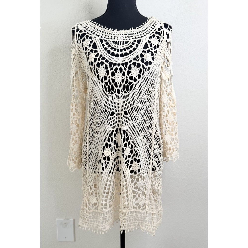 Crochet Lace Tunic Dress Boho Open Knit Cream Cotton Backless Cover Up M Coastal